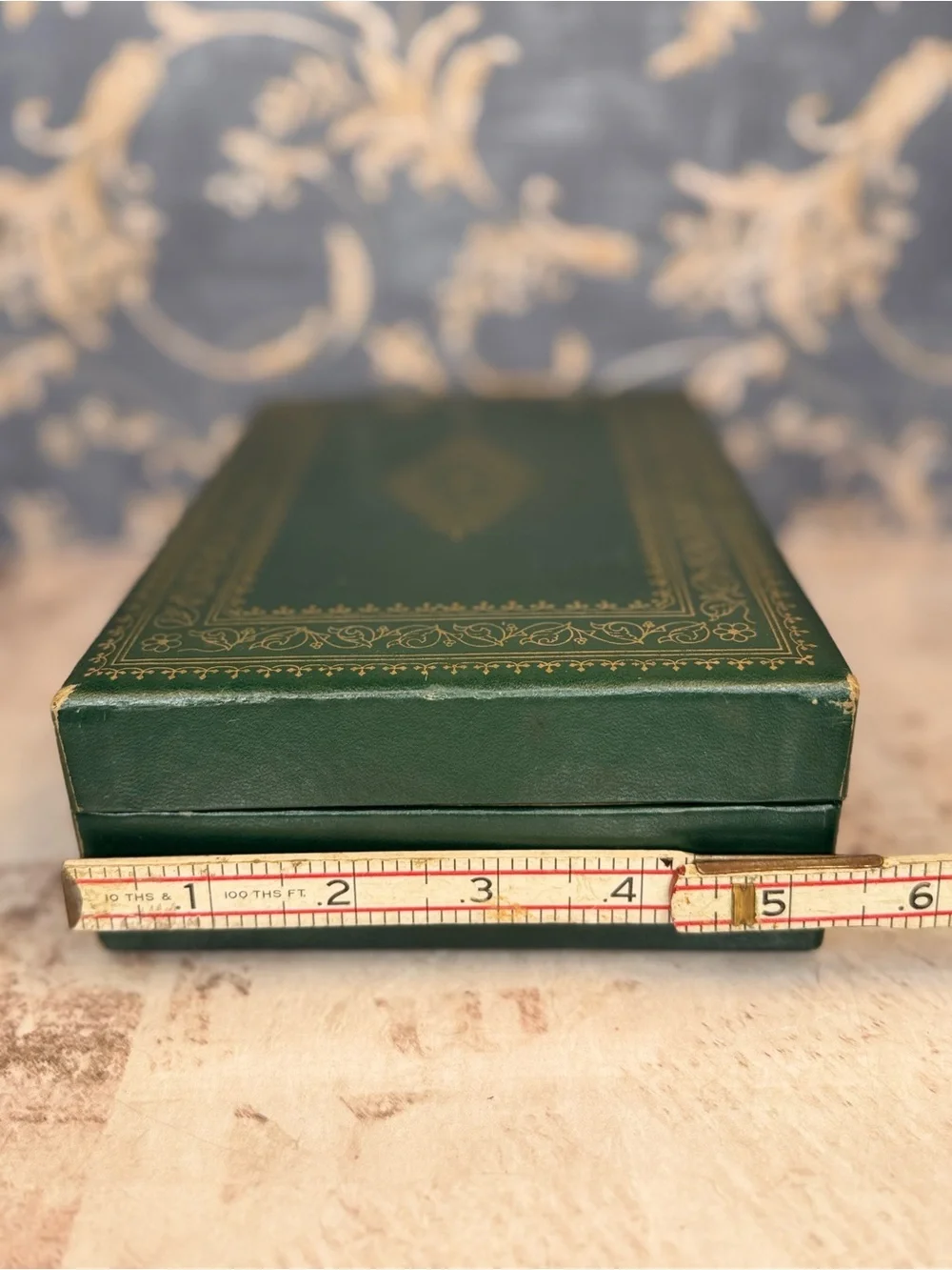 Vintage Green Faux Leather Jewelry Box Brass Lock Ring Tray Vanity Case